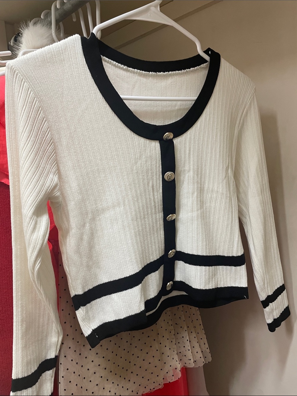 White & Black Trim Ribbed Women's Cardigan Sweater